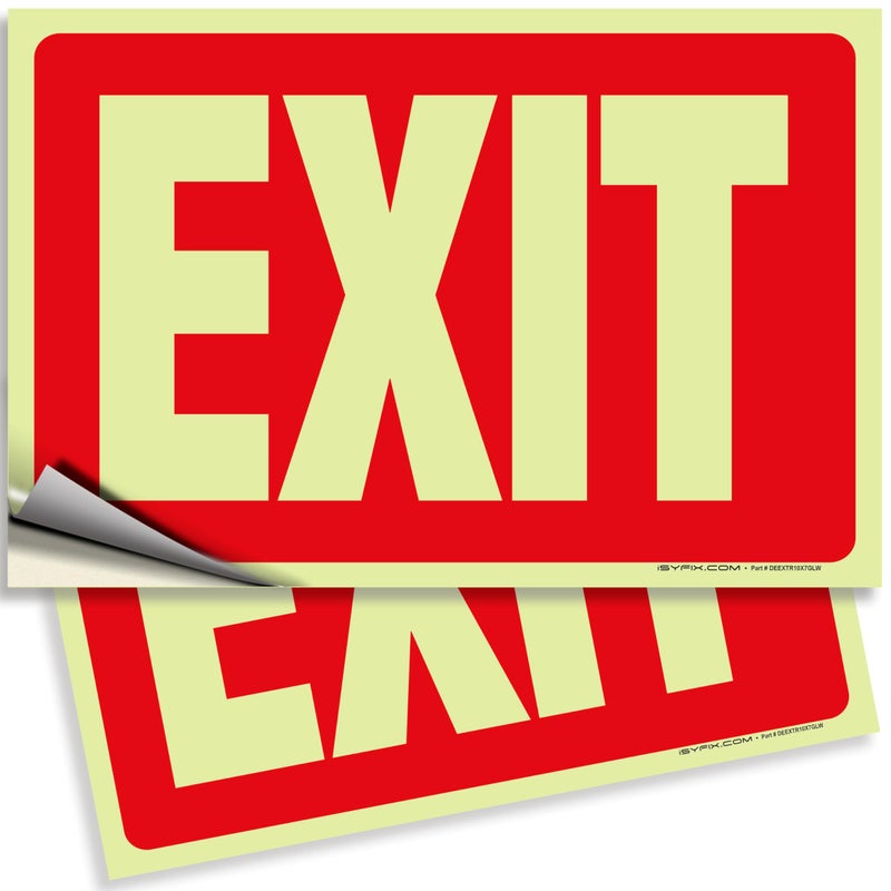 iSYFIX Exit Glow in the Dark Sign Stickers Red â€“ 2 Pack 10x7 Inch â€“ Photoluminescent Vinyl, Laminated for UV, Weather & Fade Resistance, Indoor & Outdoor for Business, School, Office, Warehouse - Image 1